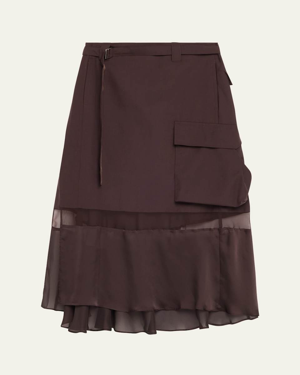 Belted Sheer-Insert Midi Skirt
